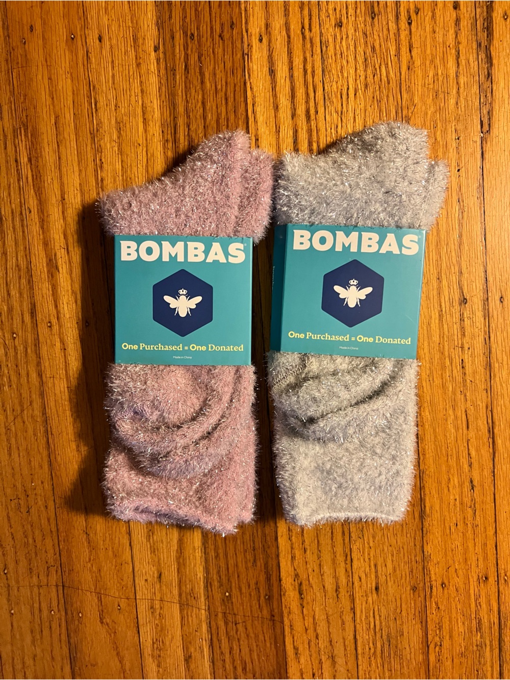 Bombas Women’s Fuzzy Calf Socks in Pink and Light Gray (2 pairs)